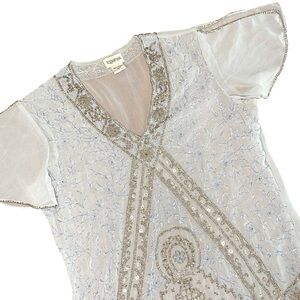 Together Beaded VNeck Top Women’s 8 Art Deco Blue Silver Sheet Butterfly Sleeve